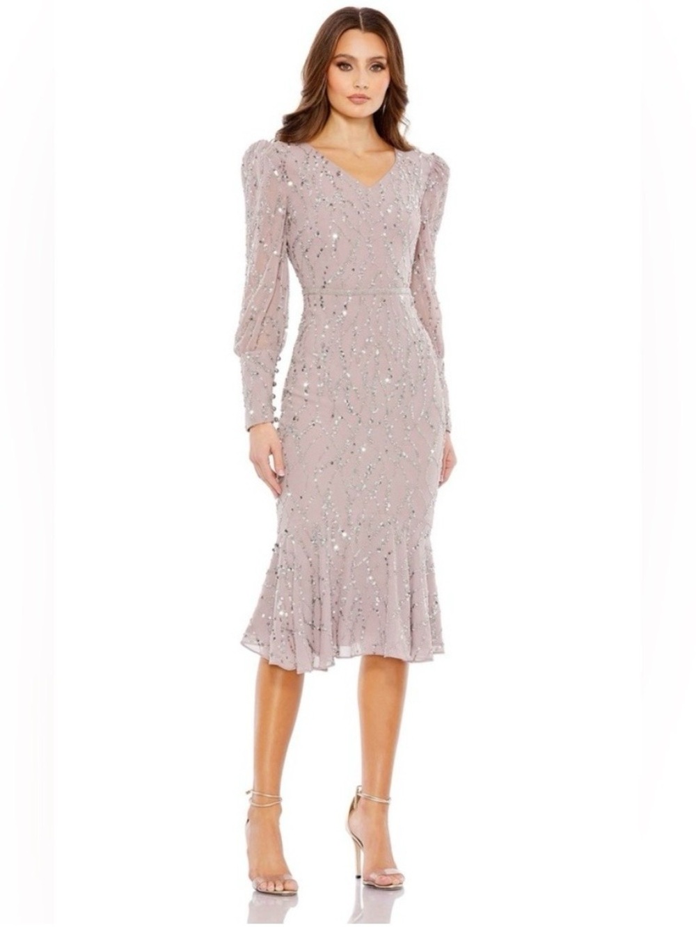 NWT Mac Duggal Lavender Sequin V-Neck Long Sleeve Midi Dress *flawed*
